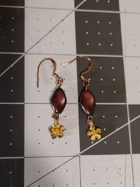 Gold and Brown Floral Drop Earrings - Women Jewelry